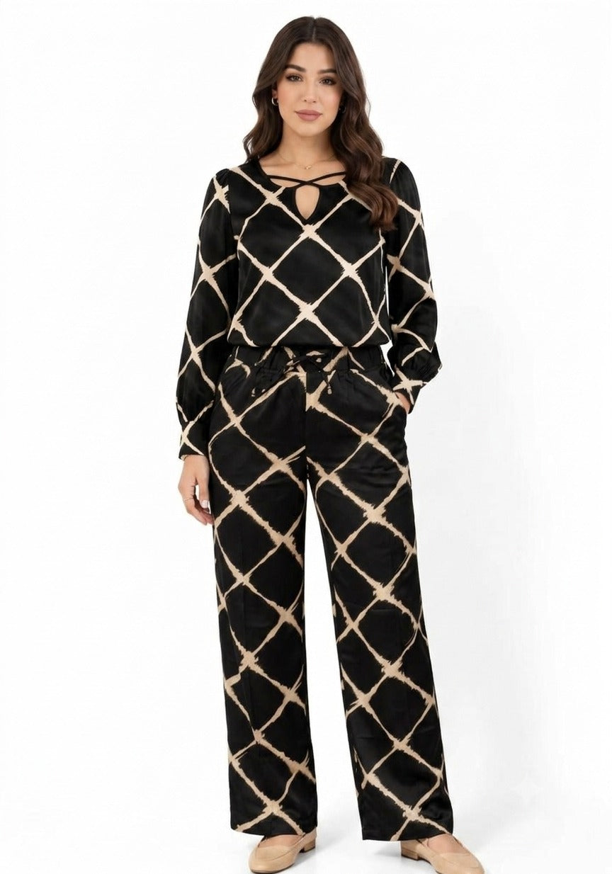 Geometric Print Cross Blouse Set - Black