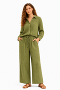 Cotton Crinkle Long Shirt Set - Olive