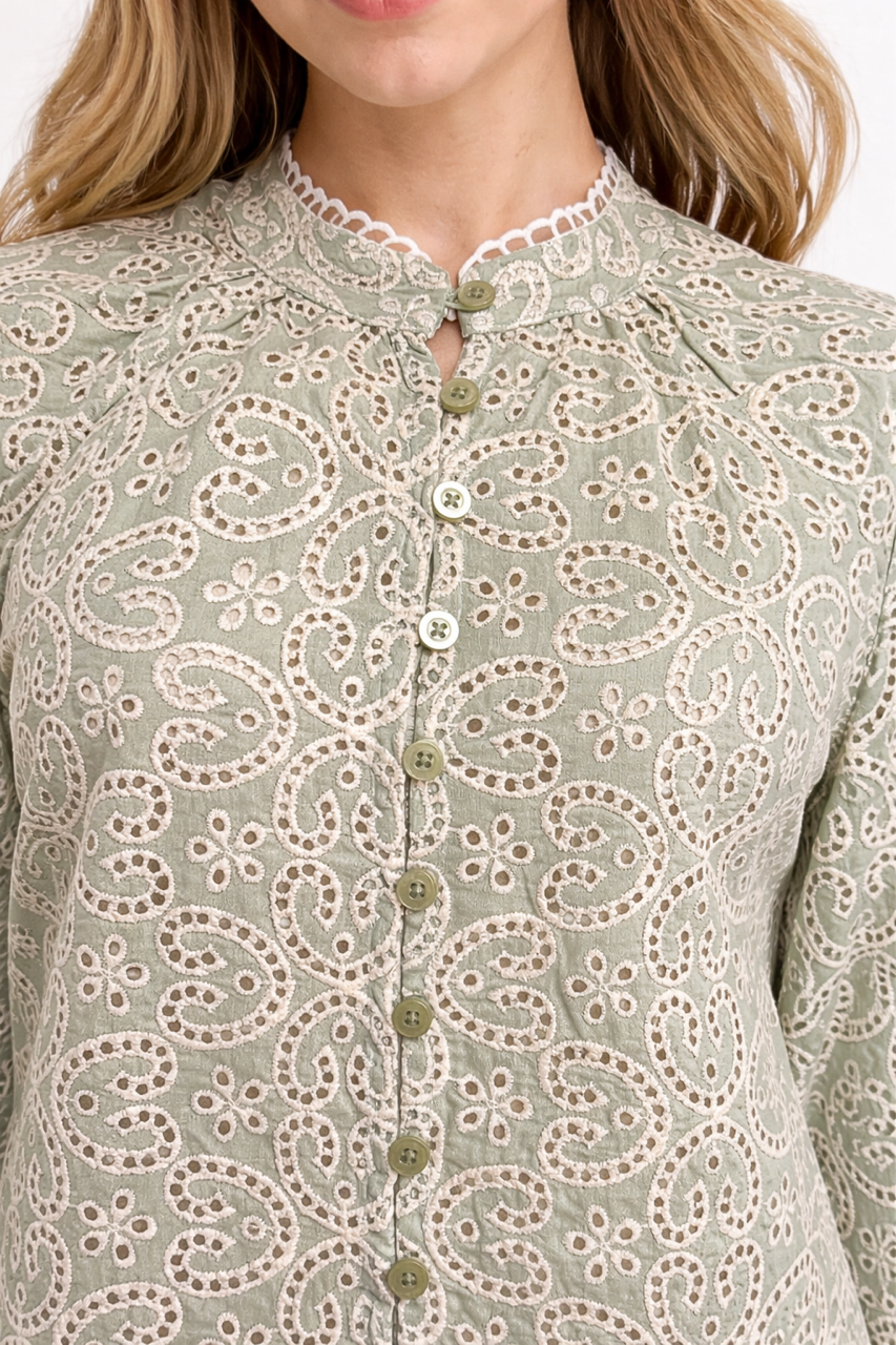 Embroidered Cotton Blouse – Light Olive - 111017