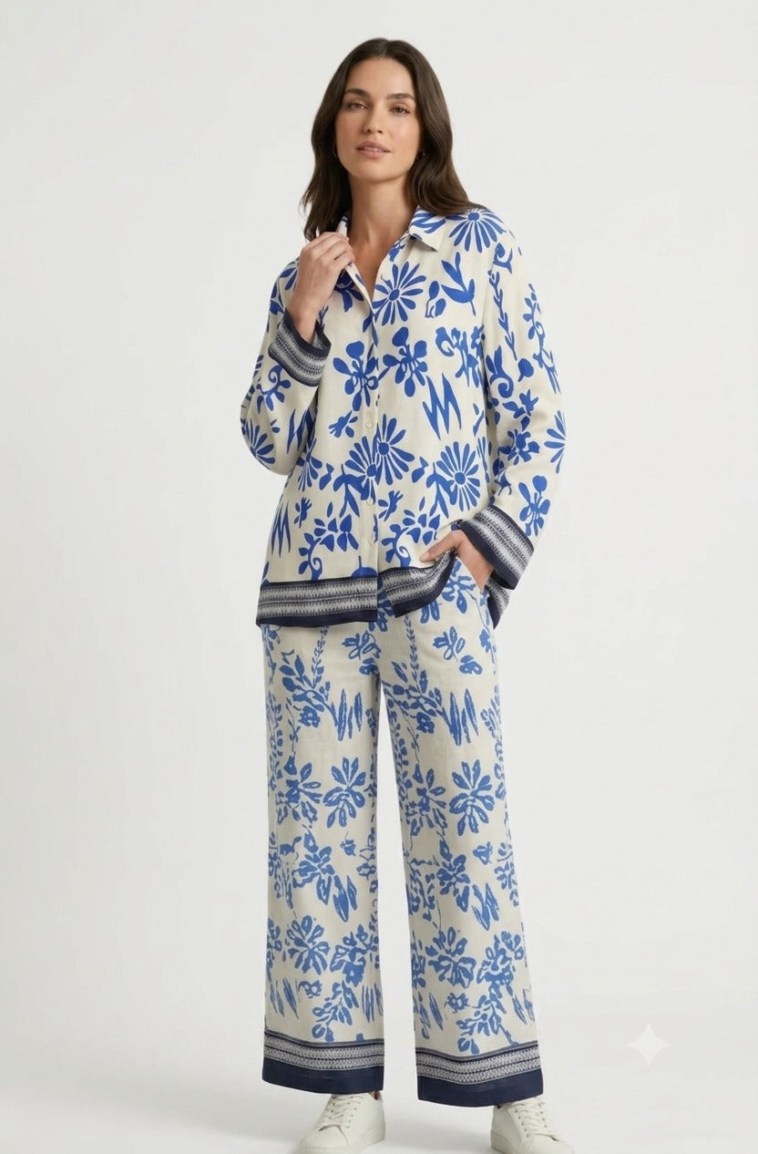 Floral Print Set with Dark Hem - Blue