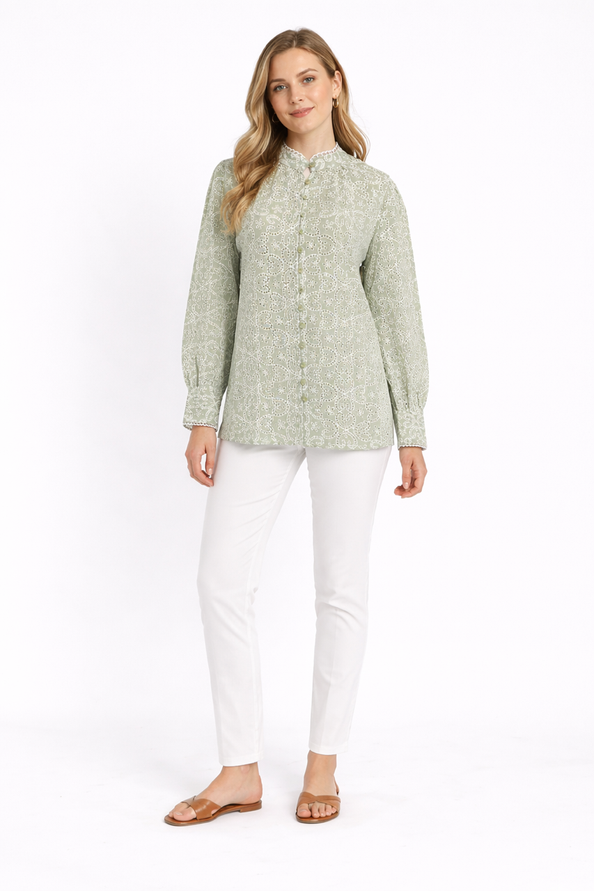 Embroidered Cotton Blouse – Light Olive - 111017