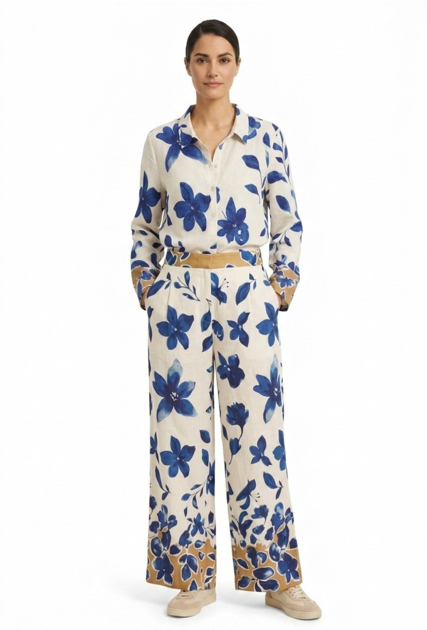 Floral Print Set with Beige Hem - Blue