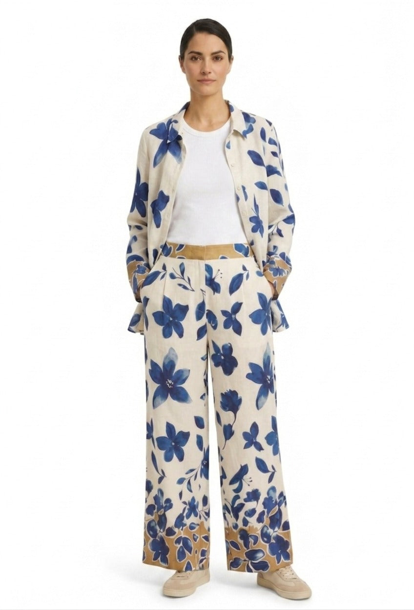 Floral Print Set with Beige Hem - Blue