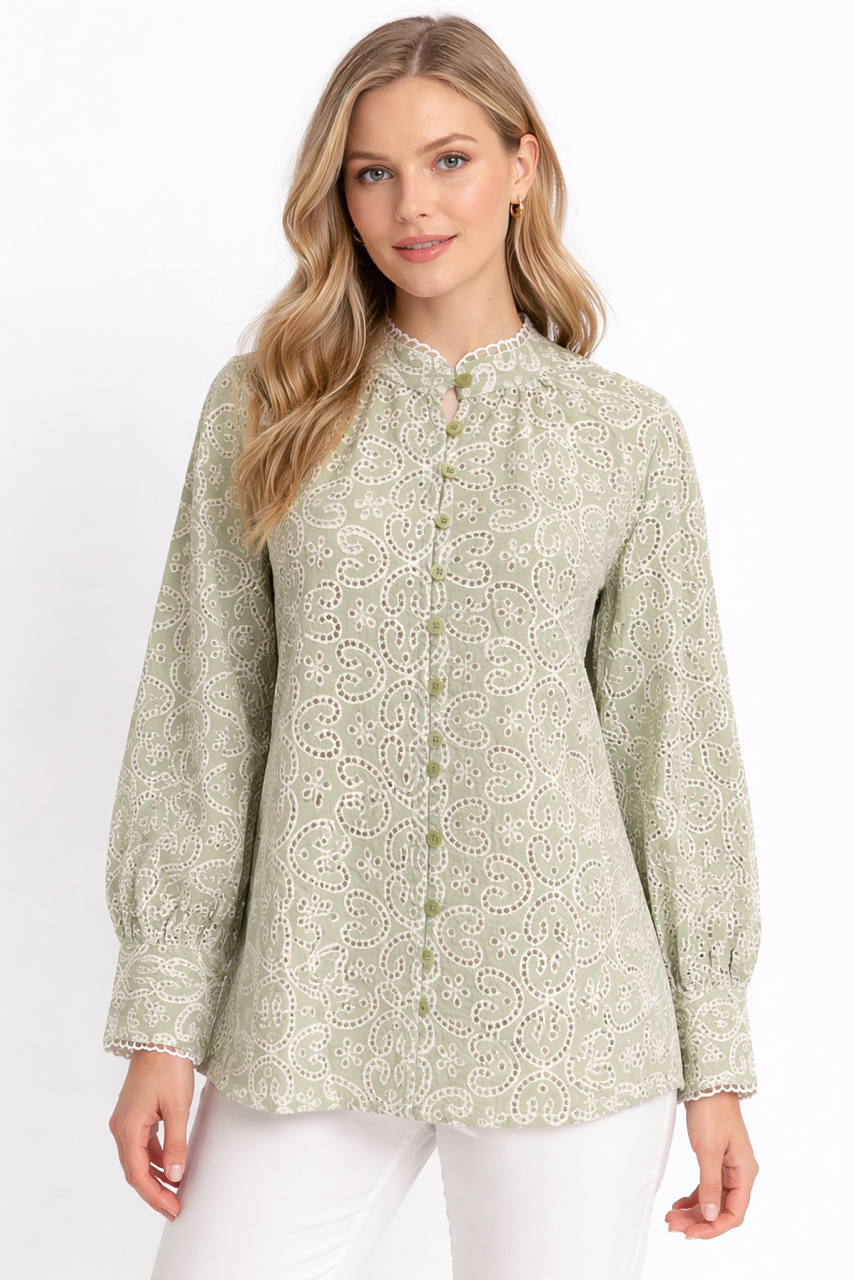 Embroidered Cotton Blouse – Light Olive - 111017
