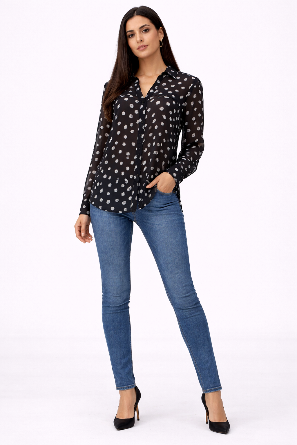 Polka Dot Chiffon Blouse - Black - 111019