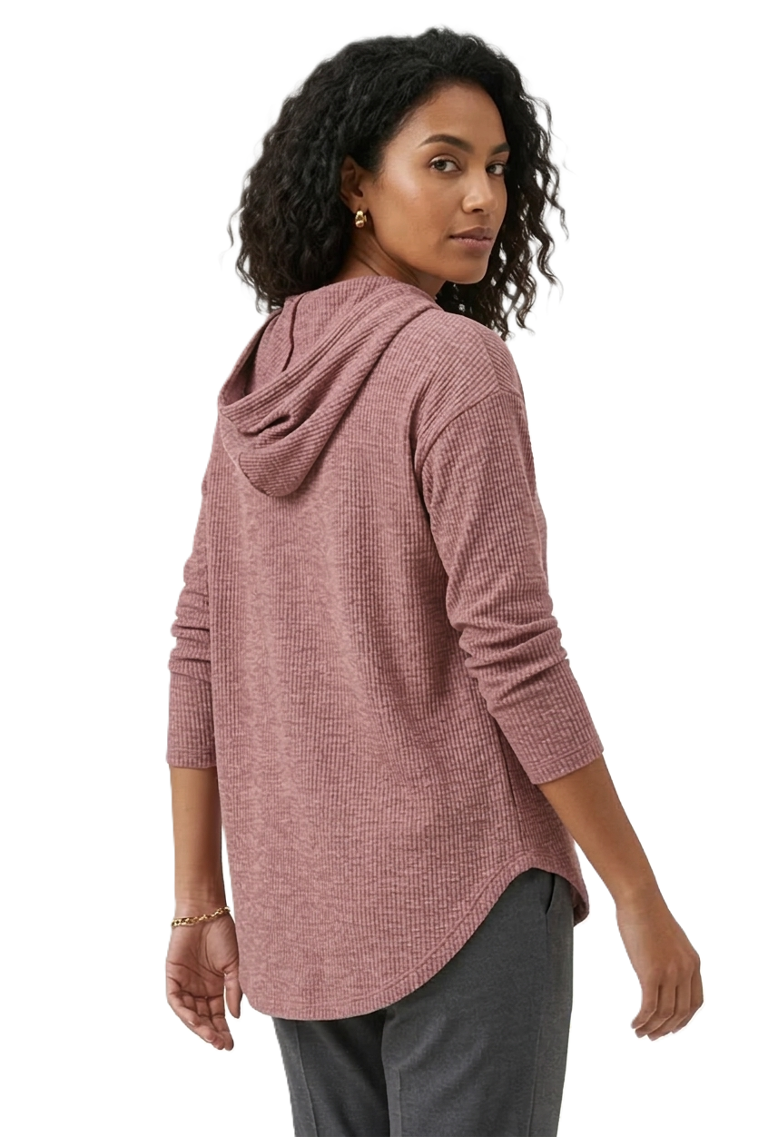 Casual Ribbed Hooded Top - cashmere - 114001