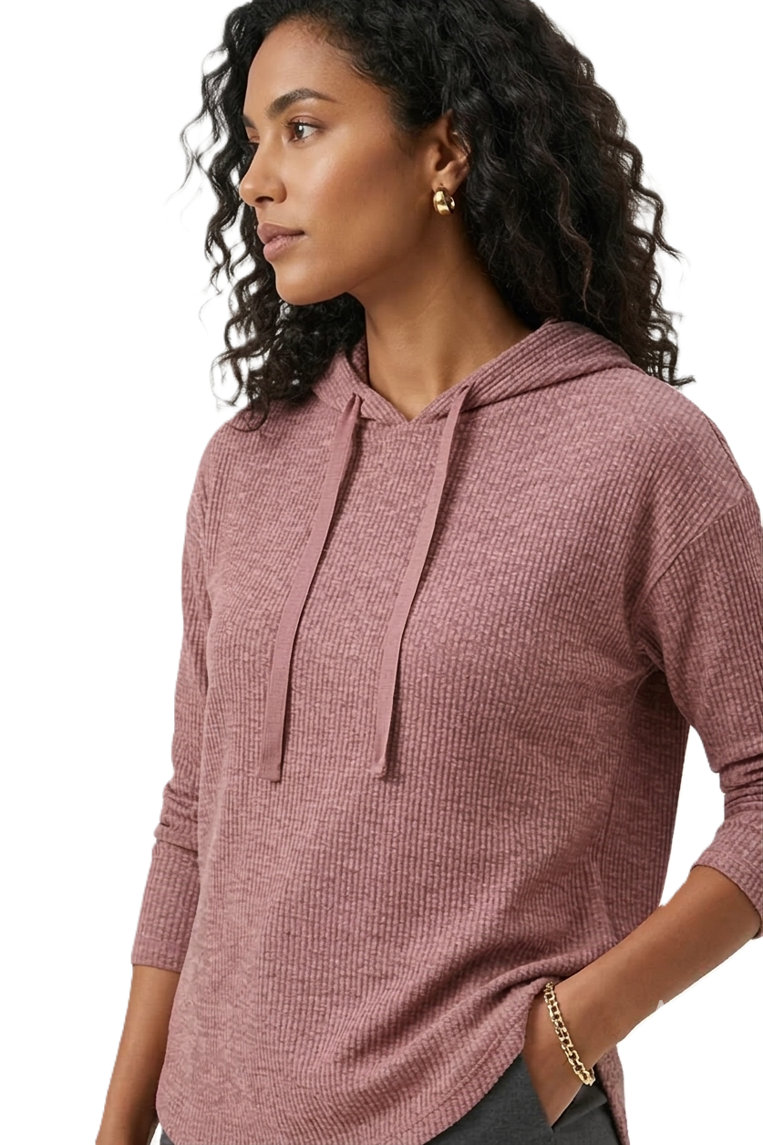 Casual Ribbed Hooded Top - cashmere - 114001