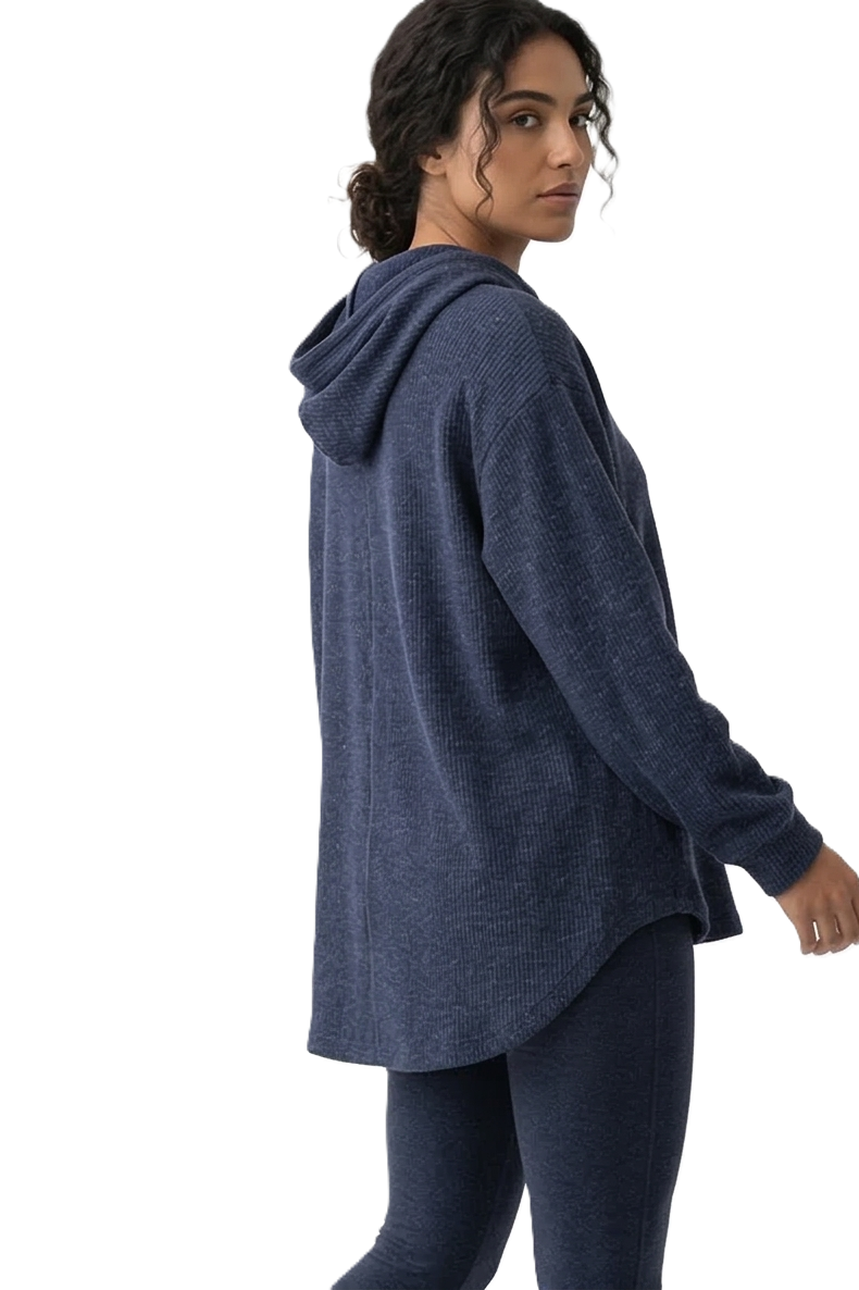 Casual Ribbed Hooded Top - Navy - 114001