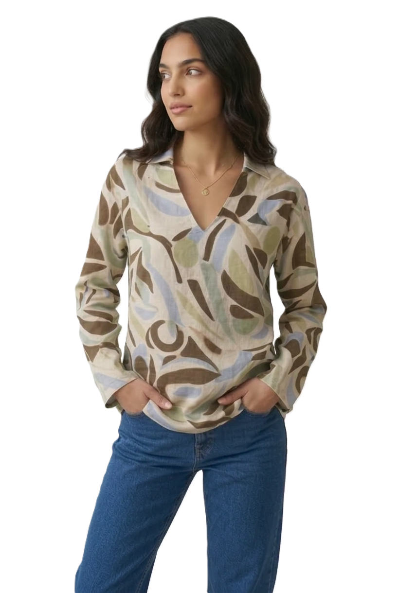 Abstract Print Collared Half-Button Blouse - 110003