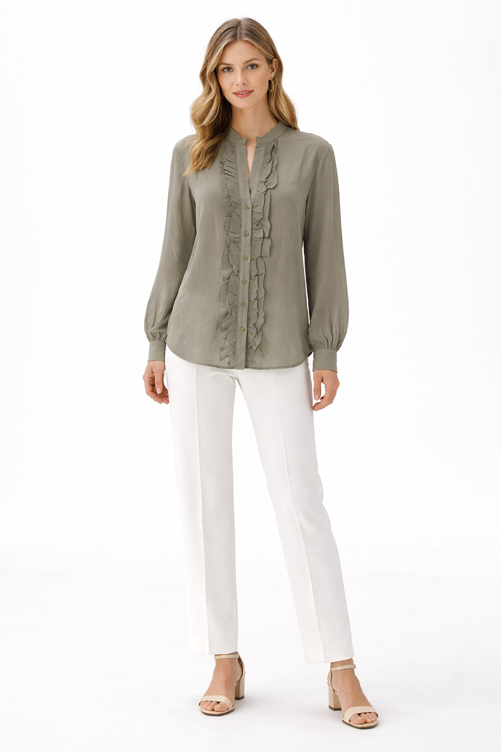 Sheer Chiffon Ruffle Blouse – Olive - 111012