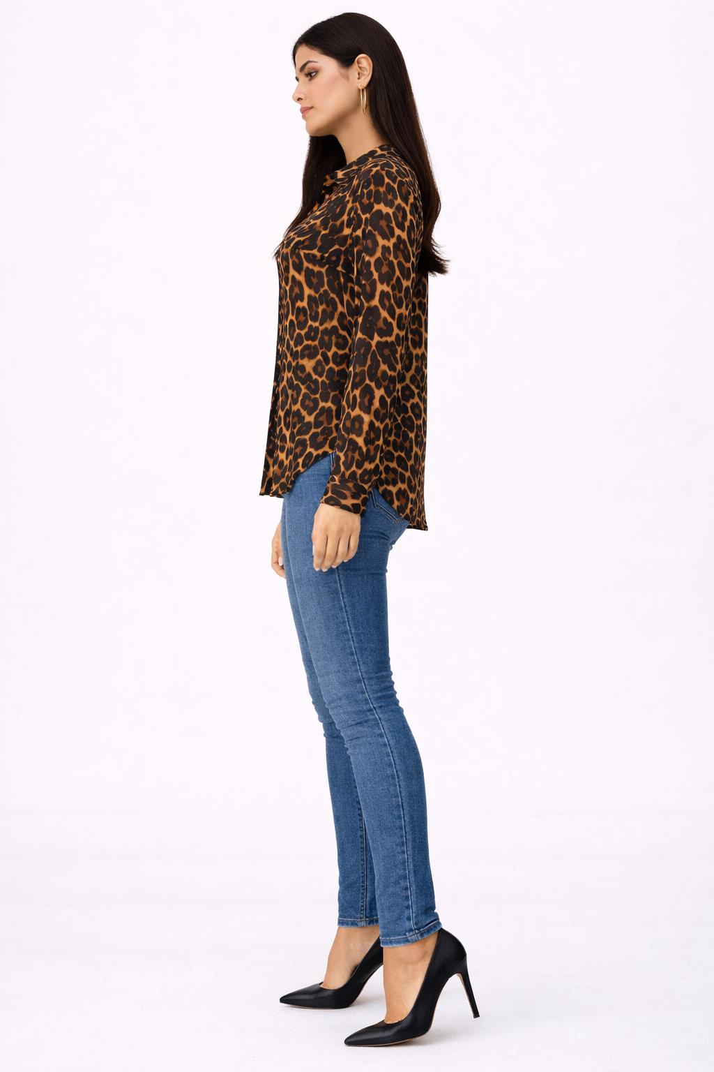 Tiger Print Ruffle Chiffon Blouse – Brown- 111019