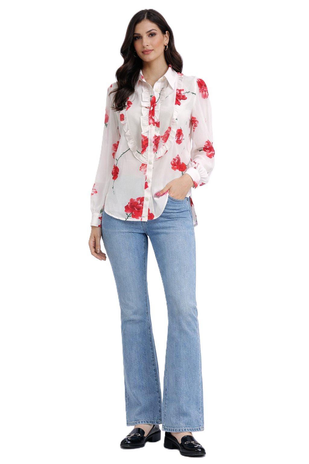 Floral Ruffle Chiffon Blouse – Red Print - 11010