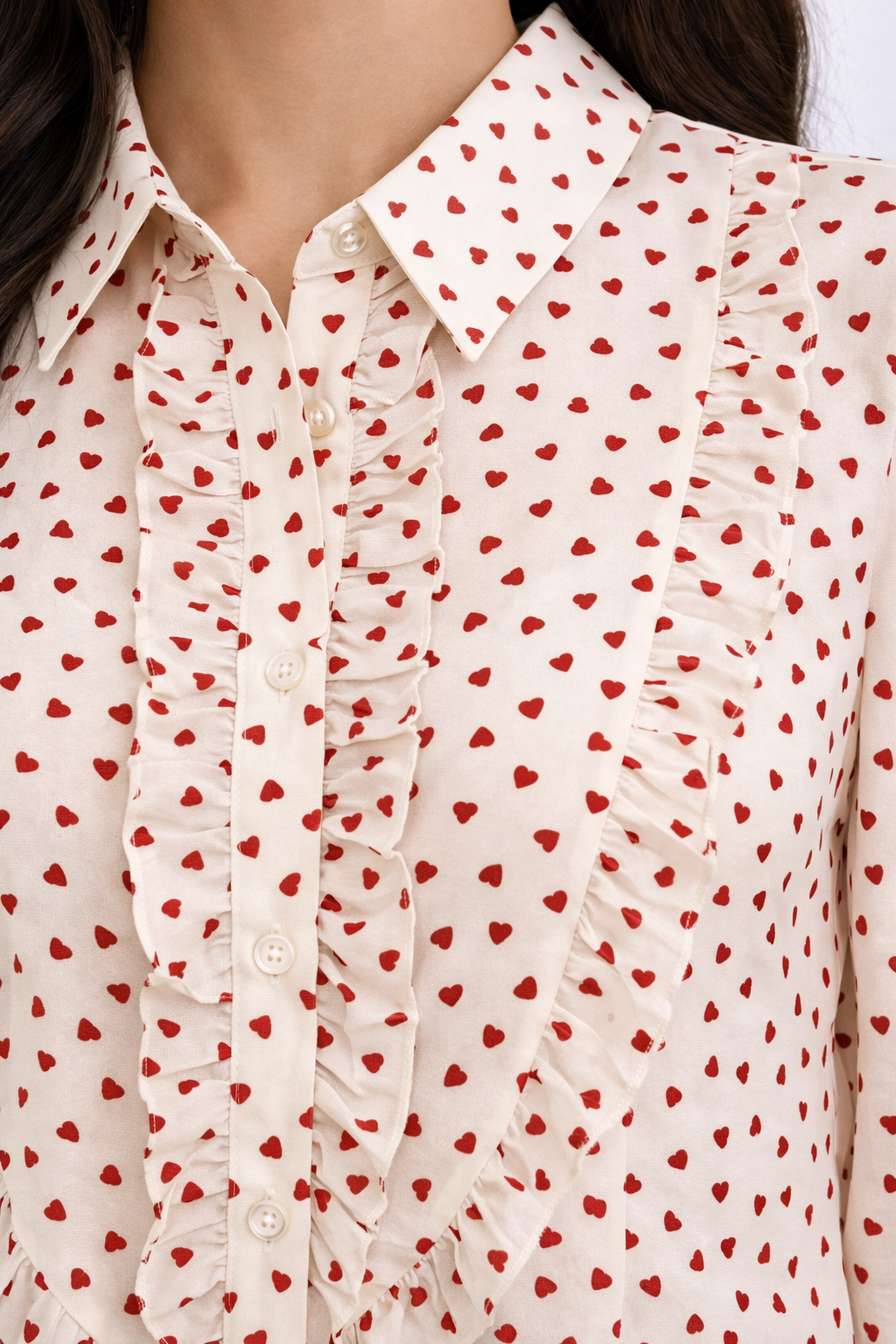 Heart Ruffle Chiffon Blouse – Red - 11010