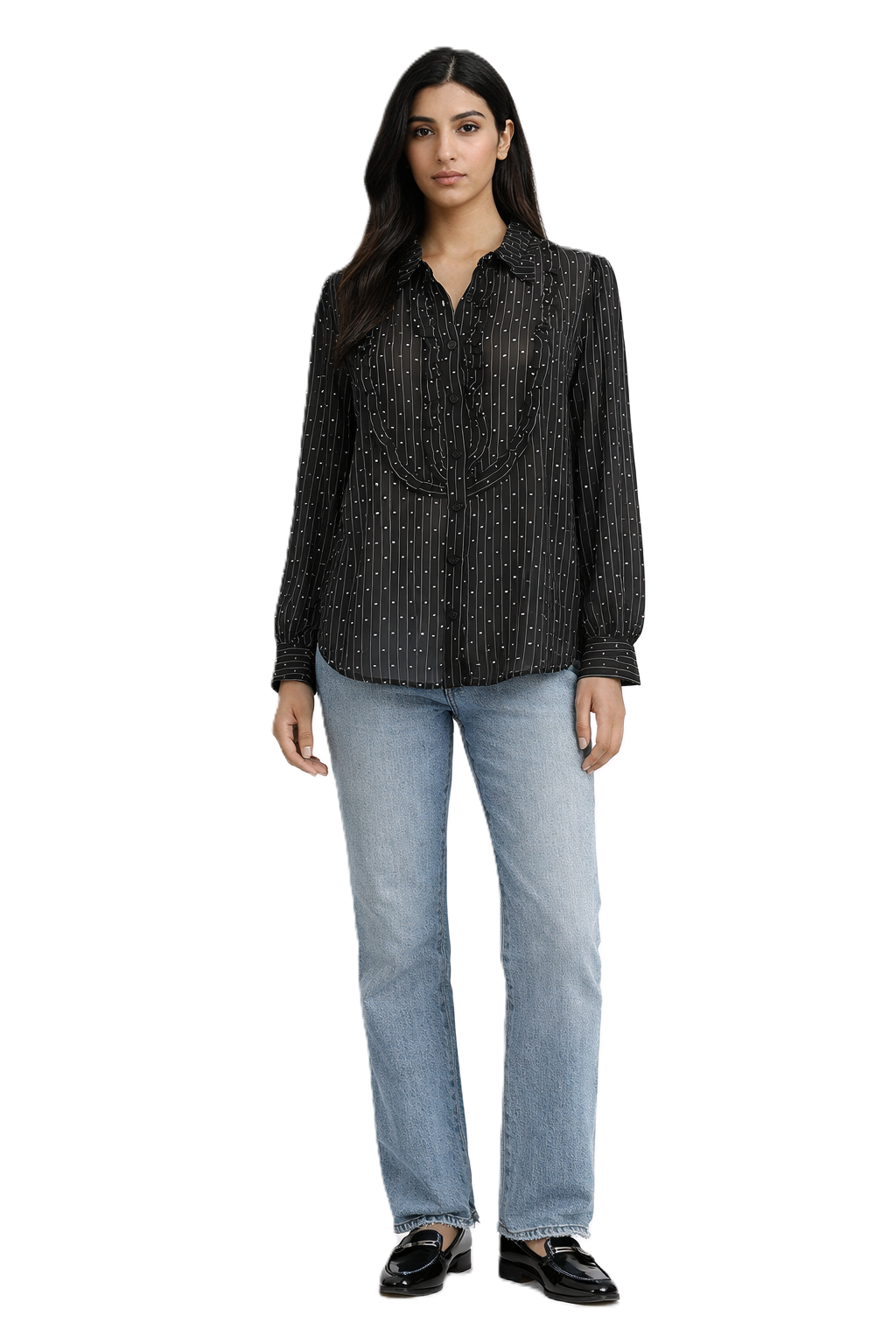 Striped Ruffle Blouse - Black - 11010