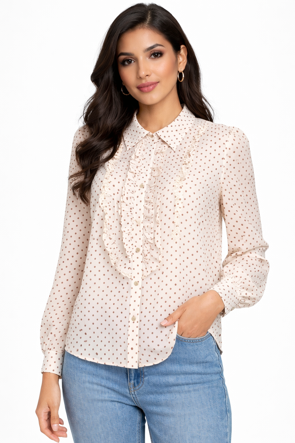 Polka Dot Ruffle Blouse - Beige - 11010