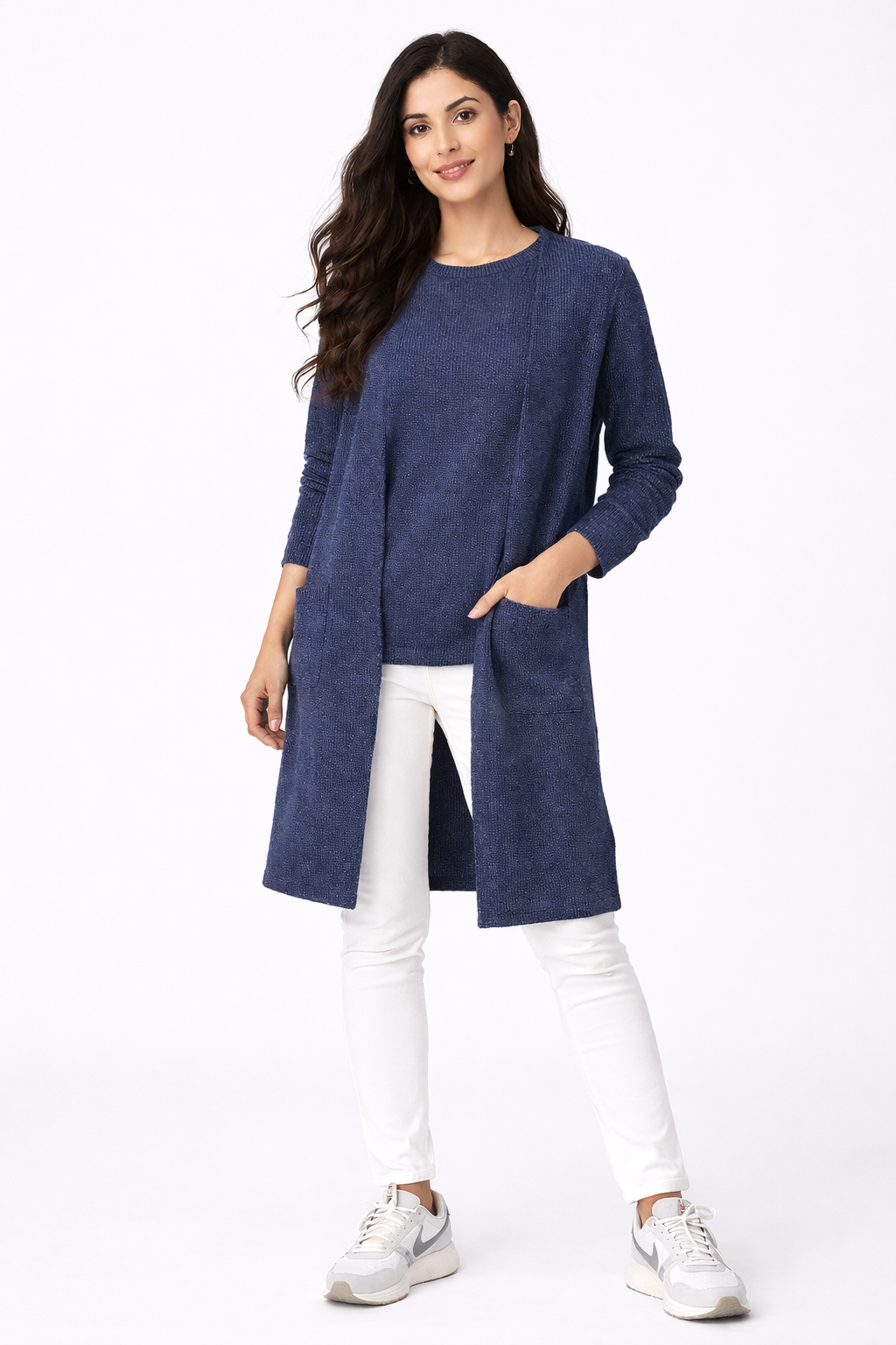 Long Sleeve Knit Pocket Cardigan - Navy- 114003