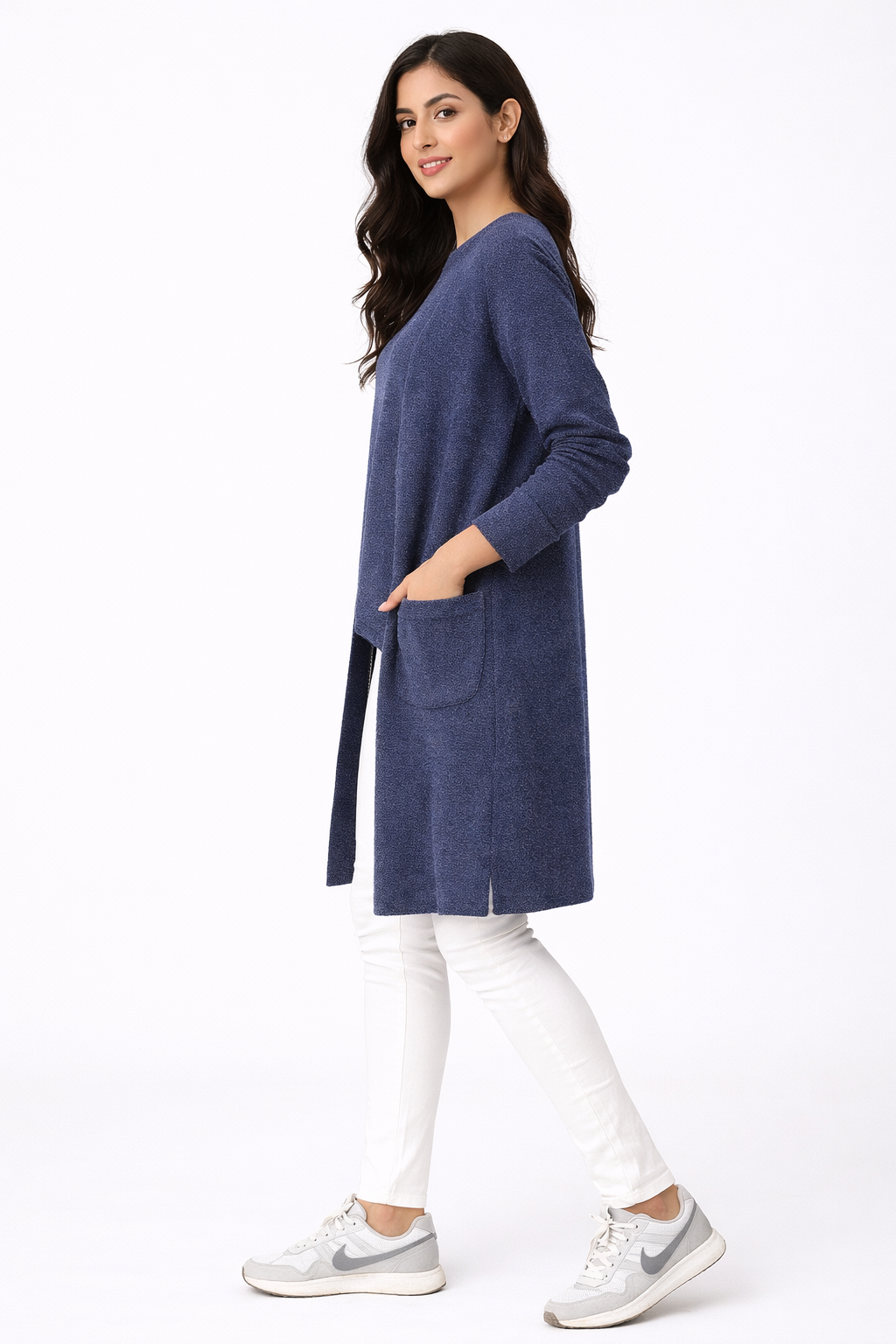 Long Sleeve Knit Pocket Cardigan - Navy- 114003