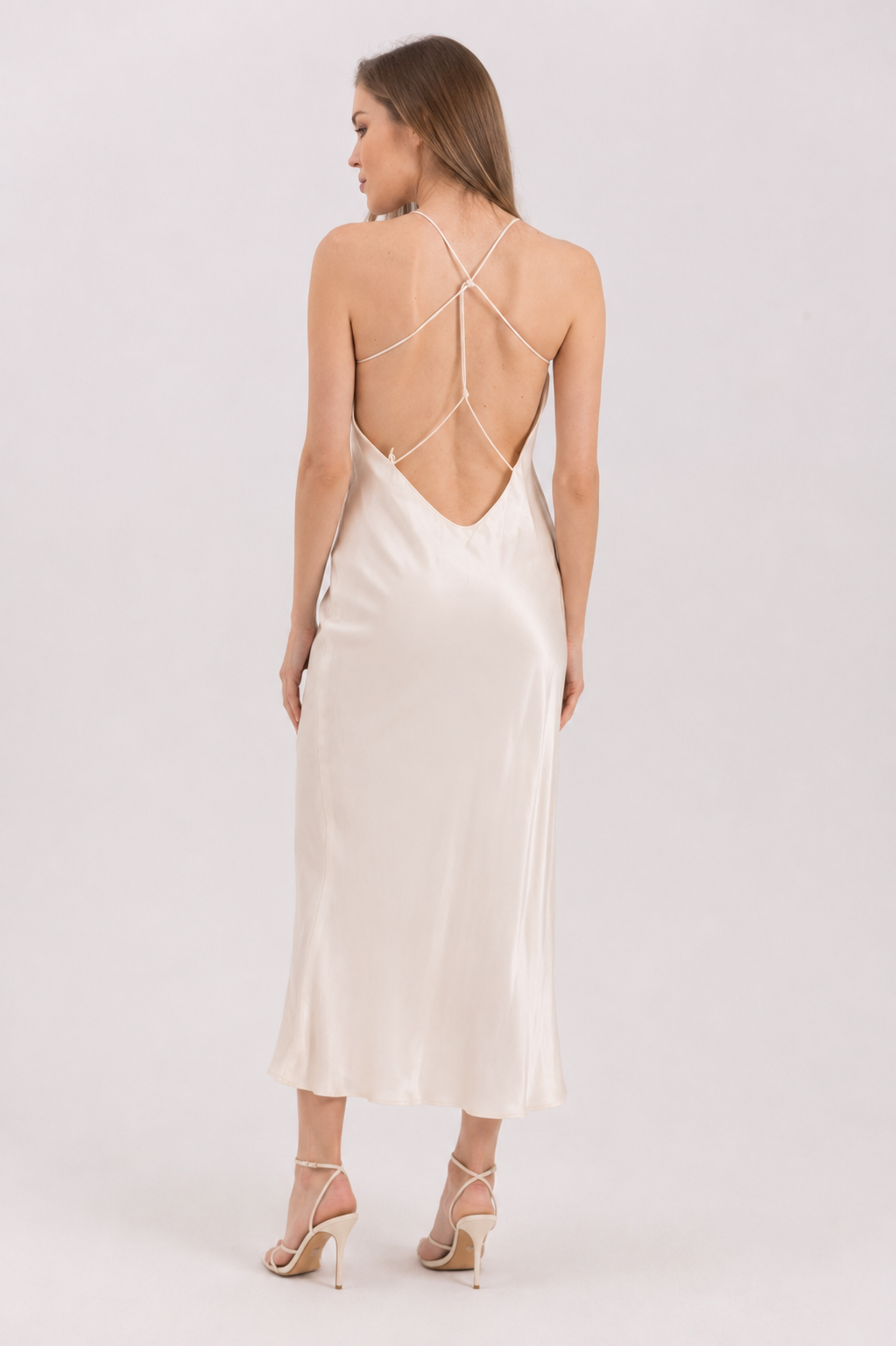 Satin Dress with String Back - Light Beige