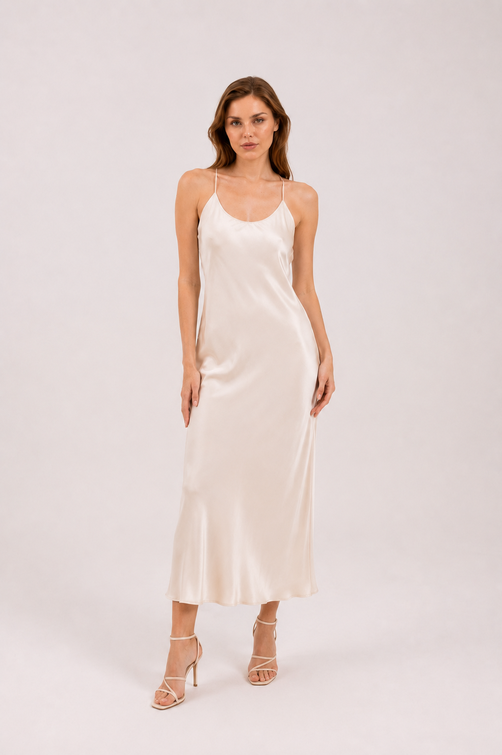 Satin Dress with String Back - Light Beige