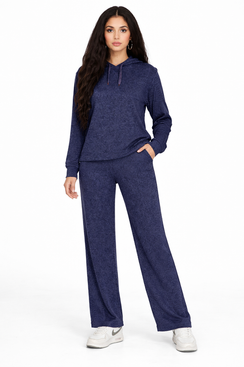 Casual Ribbed Hooded Pullover - Navy - 114001