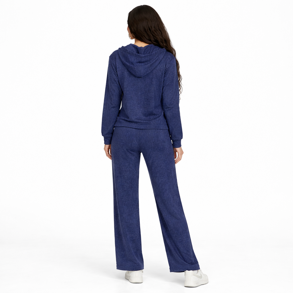 Casual Ribbed Hooded Pullover - Navy - 114001