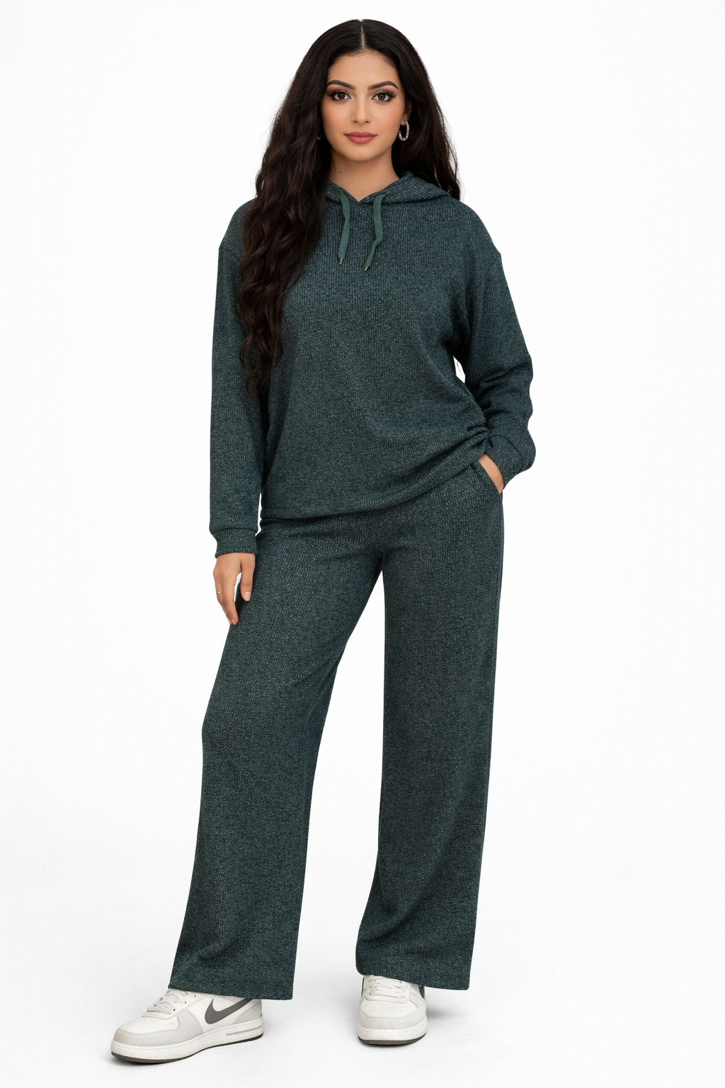 Casual Ribbed Hooded Pullover - Dark Green - 114001