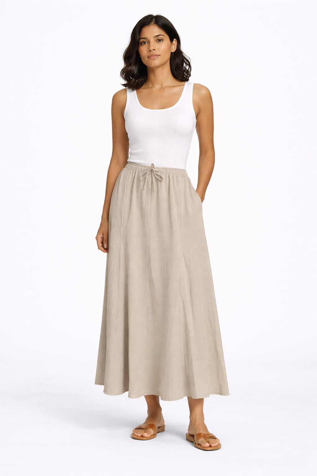 Flowy Elastic Waist Long Skirt - Beige - 117001