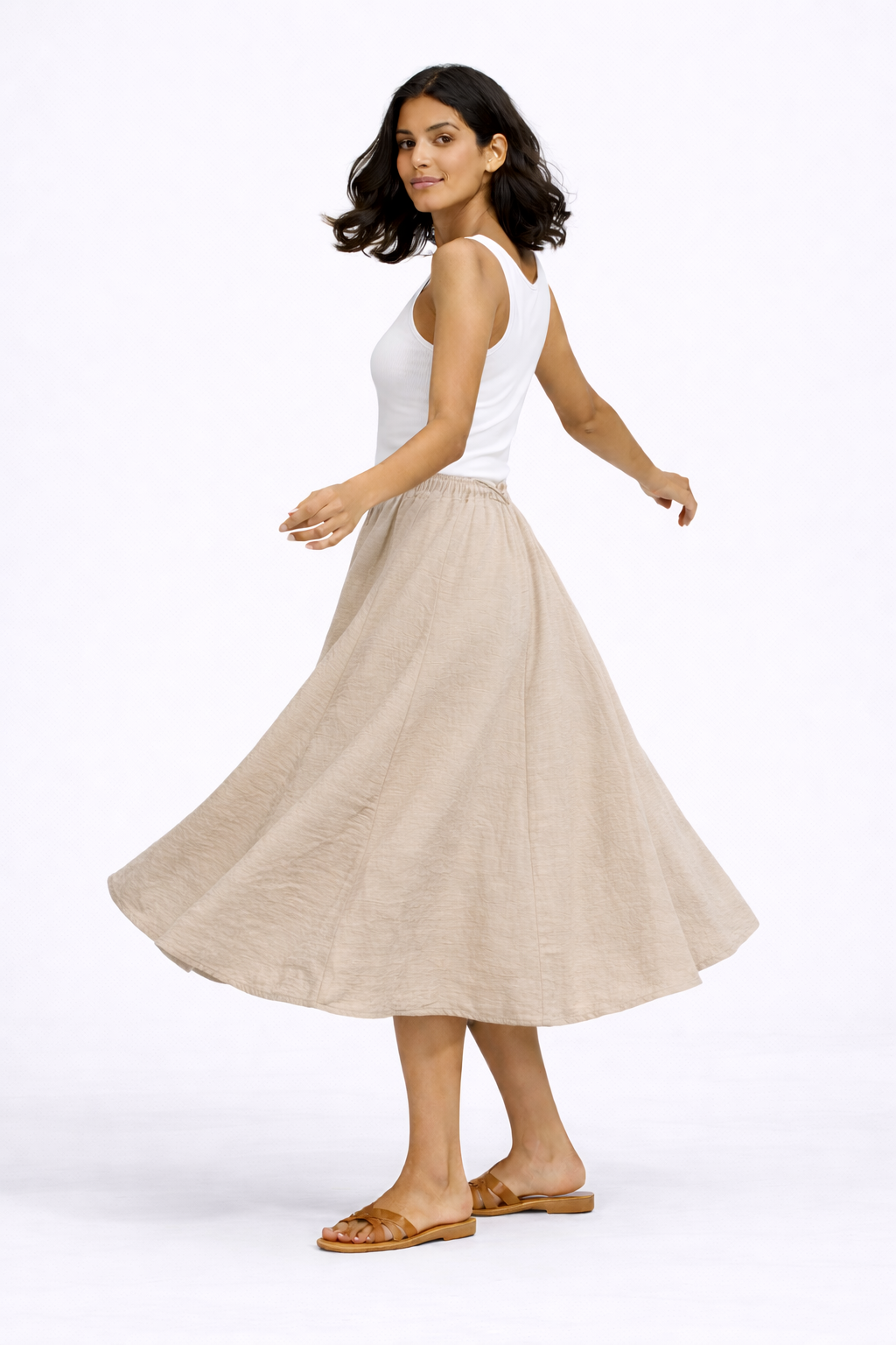 Flowy Elastic Waist Long Skirt - Beige - 117001