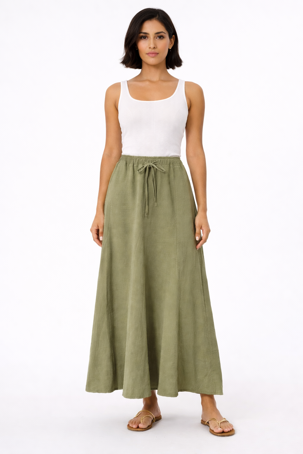 Flowy Elastic Waist Long Skirt - Olive - 117001