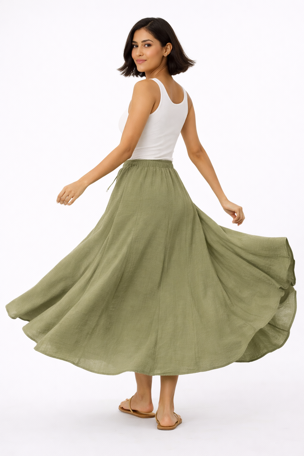 Flowy Elastic Waist Long Skirt - Olive - 117001