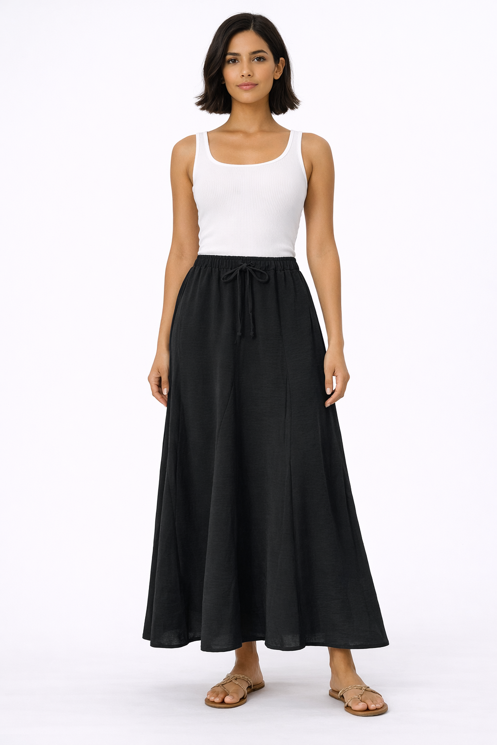 Flowy Elastic Waist Long Skirt - Black - 117001