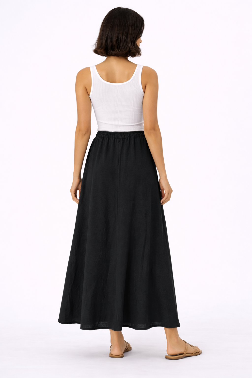 Flowy Elastic Waist Long Skirt - Black - 117001