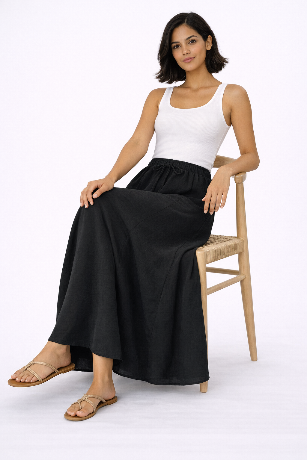 Flowy Elastic Waist Long Skirt - Black - 117001