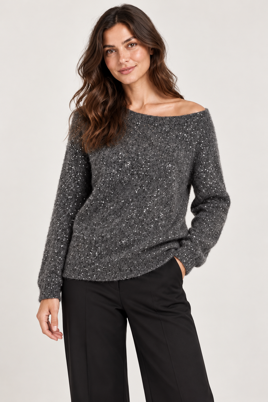 Off-Shoulder Pullover with Sequins - Dark Grey - MK8068