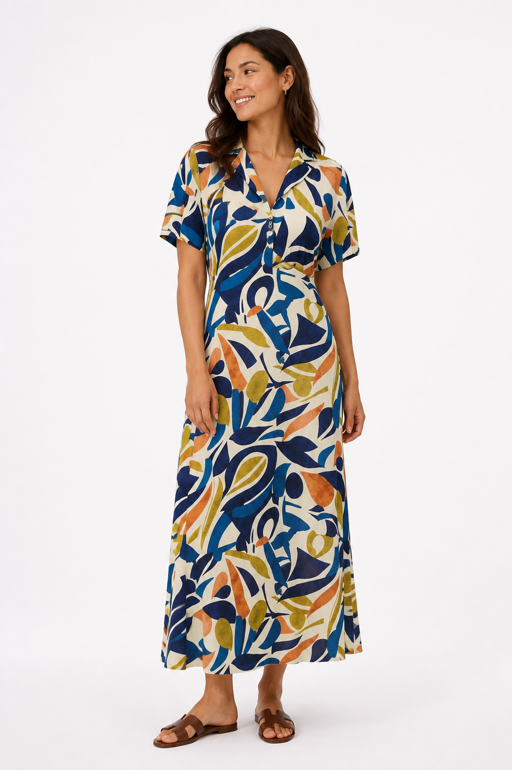 Abstract Print Tie Back Long Dress - Blue 116002