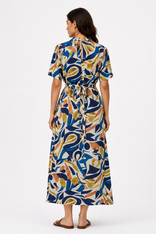Abstract Print Tie Back Long Dress - Blue 116002