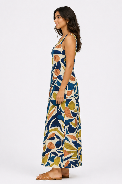 Abstract Print Sleeveless Dress - Blue 116001