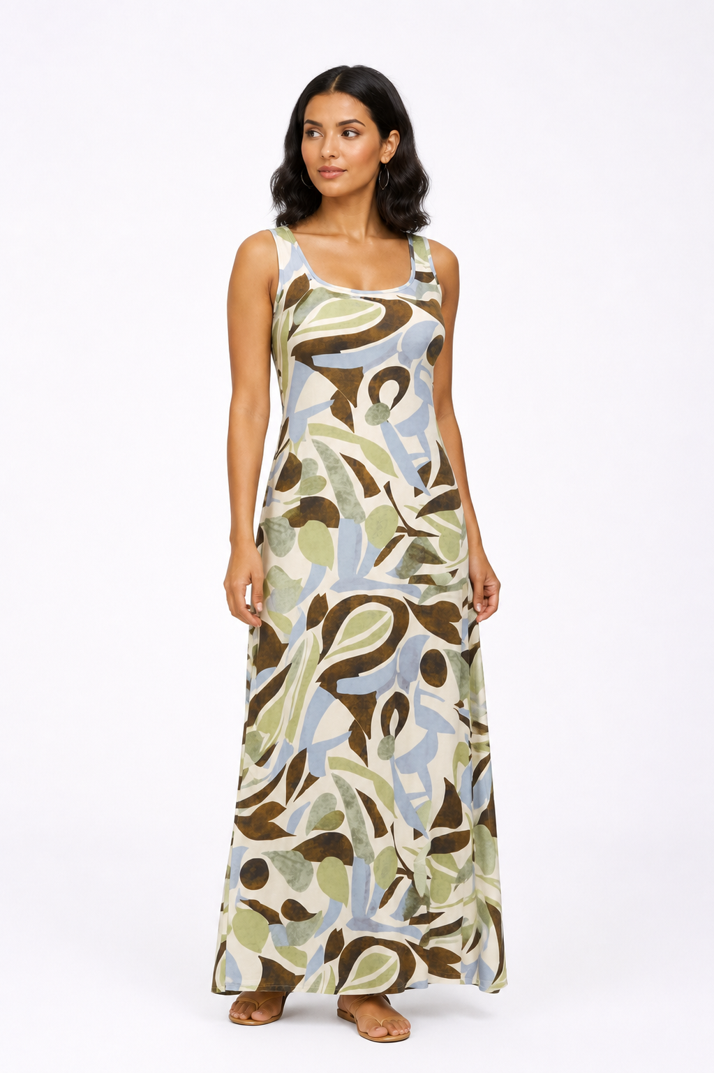 Abstract Print Sleeveless Dress - Olive 116001
