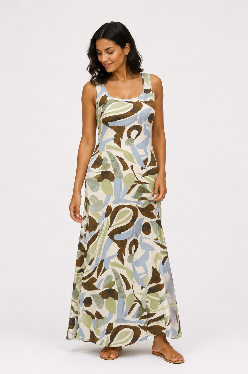 Abstract Print Sleeveless Dress - Olive 116001