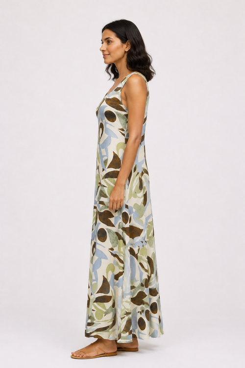 Abstract Print Sleeveless Dress - Olive 116001