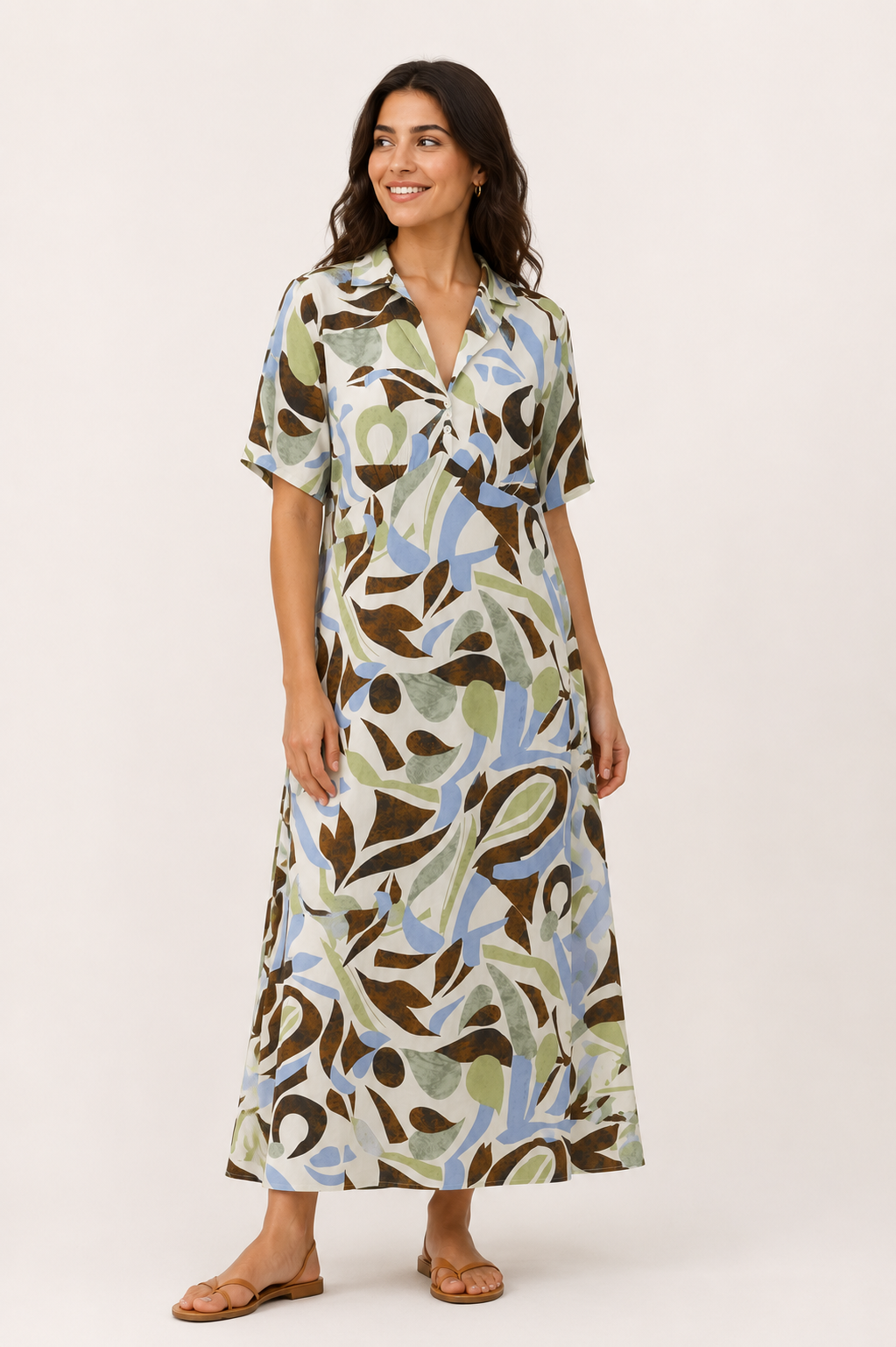 Abstract Print Tie Back Long Dress - Olive 116002