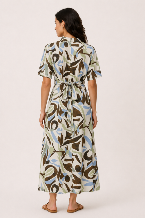 Abstract Print Tie Back Long Dress - Olive 116002