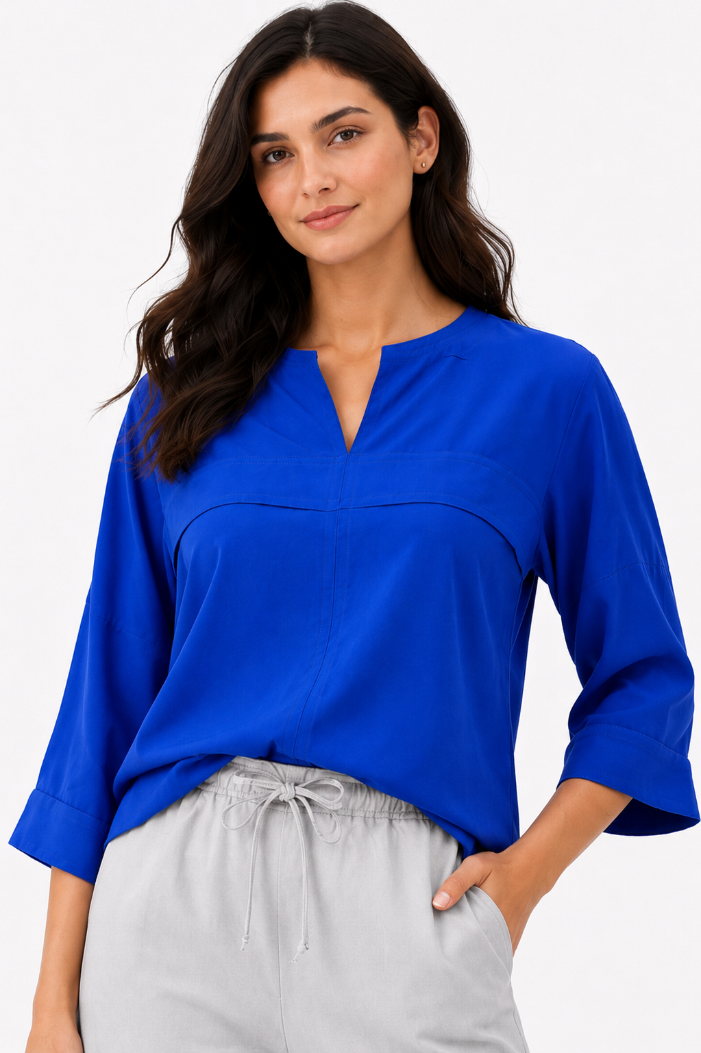 Relaxed Fit 3/4 Sleeve Blouse – Blue - 111008