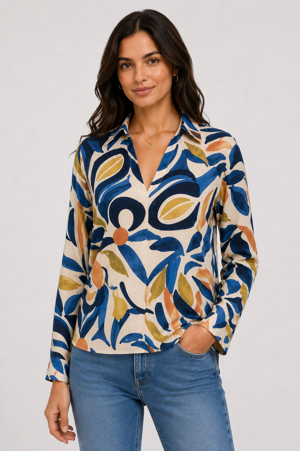 Abstract Print V-Neck Blouse - Blue 110003