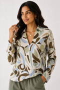 Abstract Print V-Neck Blouse - Olive 110003