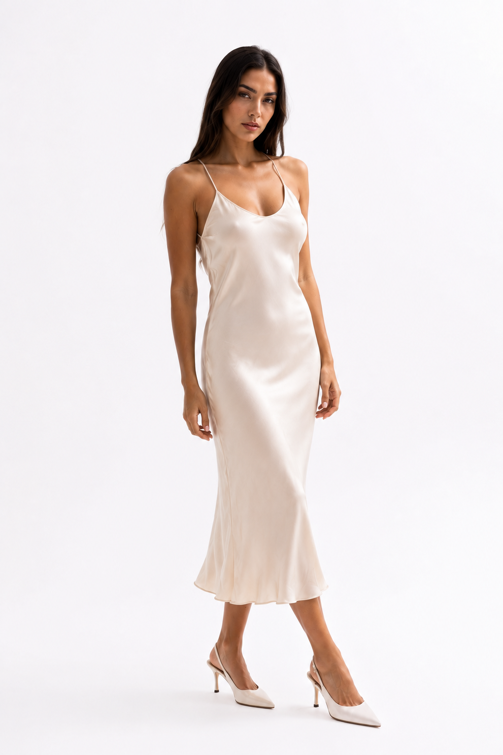 Satin Dress with String Back - Light Beige