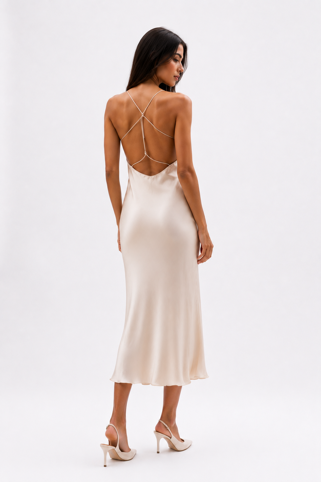 Satin Dress with String Back - Light Beige