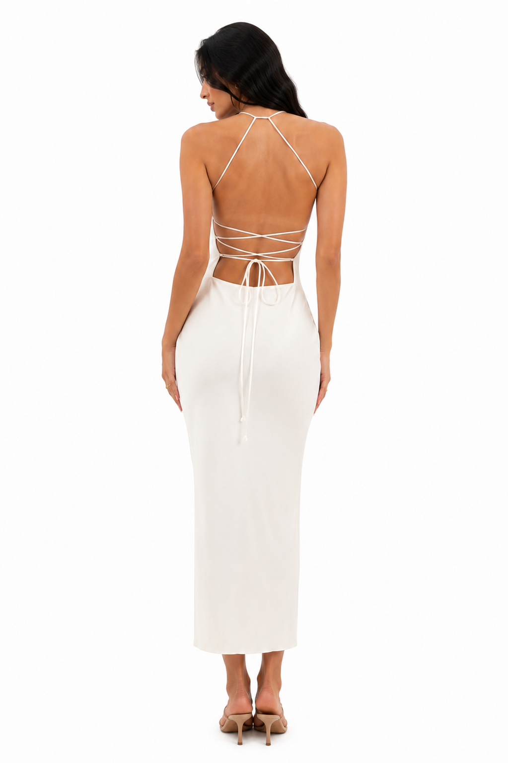Long Linen Dress with Criss Cross Back - White