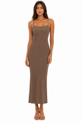 Long Linen Dress with Criss Cross Back -Brown