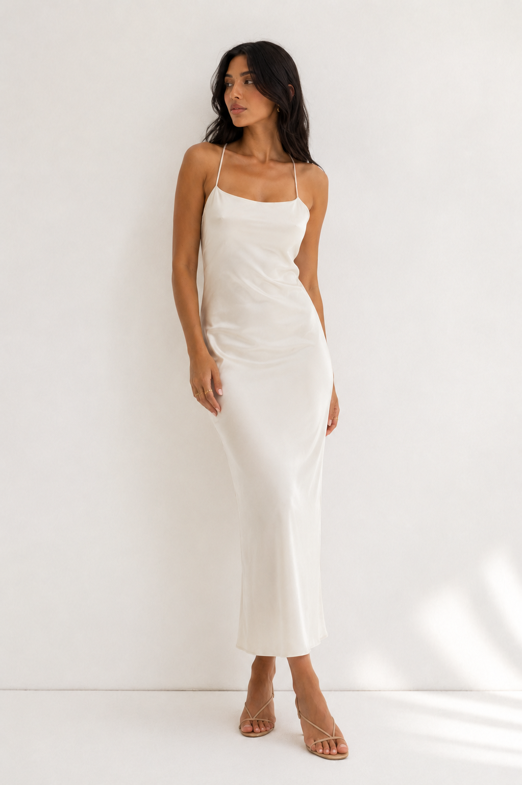 Long Linen Dress with Criss Cross Back - White